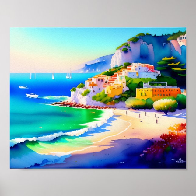 Póster Acuarela del village de playa italiano (Frente)