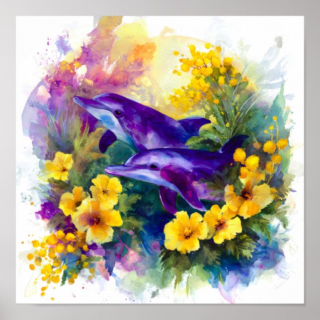 Póster Acuarela delfines océano flores tropicales (Frente)