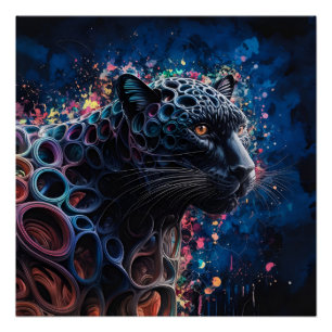 Póster Acuarela digital surrealista de una pantera negra