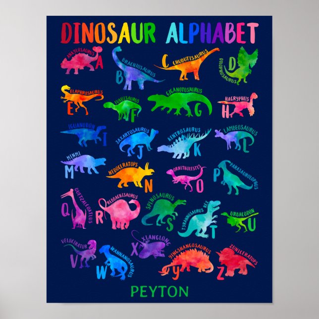 Póster Acuarela Dinosaurio Alphabet Colorful Dino Kids (Frente)