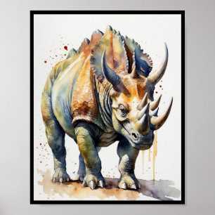 Póster Acuarela Dinosaurio Triceratops Ceratopsia