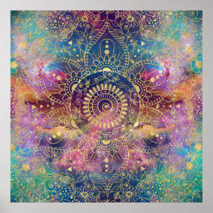 Póster acuarela dorada y nebulosa mandala