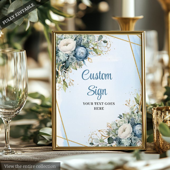 Póster Acuarela Dusty Azul Eucalyptus DIY Rótulo Boda (Watercolor dusty blue eucalyptus wedding sign with gold accents — elegant and customizable.)