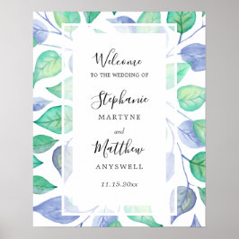 Póster Acuarela Dusty Blue Green Leaves Foliage Boda
