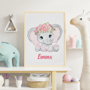 Póster Acuarela Elefante Nursera Chica Floral Rosa