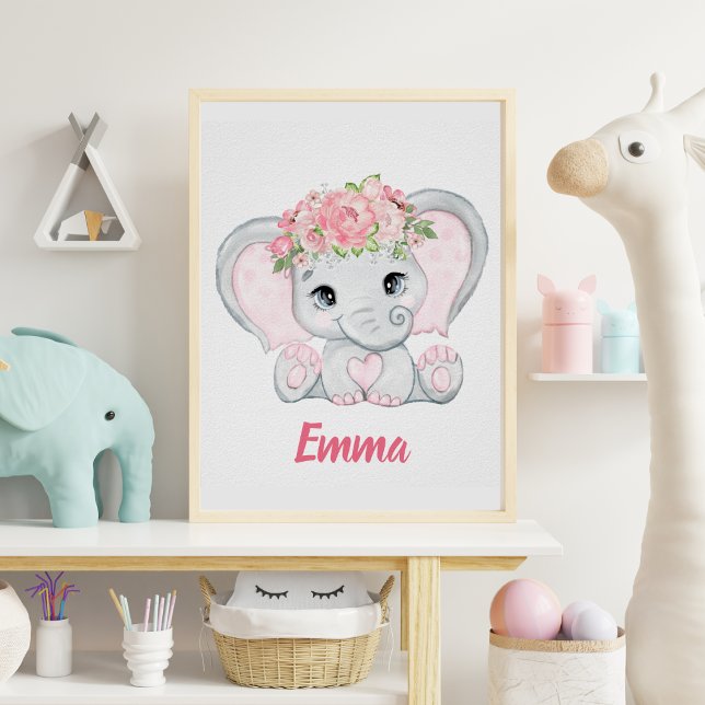 Póster Acuarela Elefante Nursera Chica Floral Rosa (Subido por el creador)