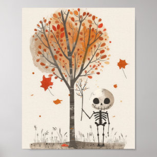 Póster Acuarela Esqueleto Hojas de Otoño Halloween Lindo