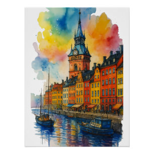 Póster Acuarela Estocolmo Suecia Ciudad Vieja Gamla Stan