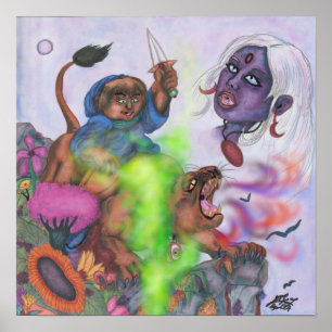 Póster Acuarela Fantasía Amor Eros montando León Lionesa