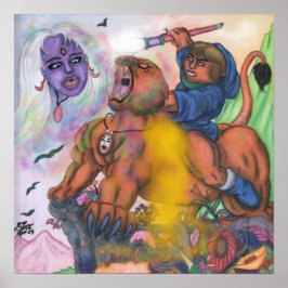 Póster Acuarela Fantasía Amor Eros montando León Lionesa