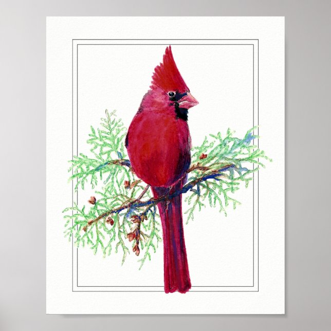 Póster Acuarela Feliz Navidad, cardenal rojo pájaro (Frente)