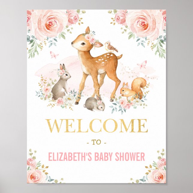 Póster Acuarela Femenina Woodland Pink Floral Baby Girl (Frente)