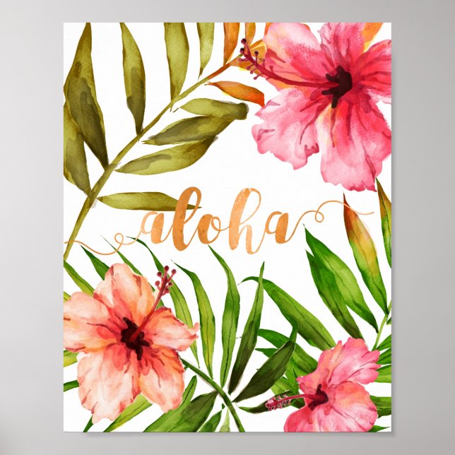 Póster Acuarela floral Aloha Tropical Hawaiana (Frente)