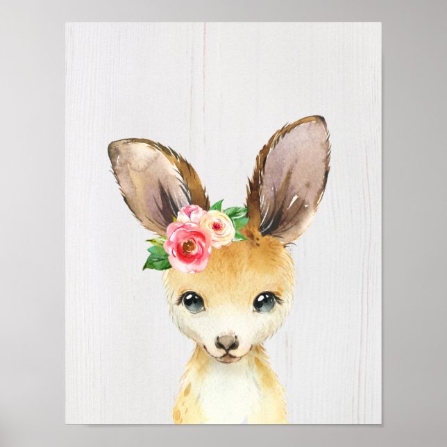 Póster Acuarela Floral Baby Kangaroo Animales Australiano (Frente)