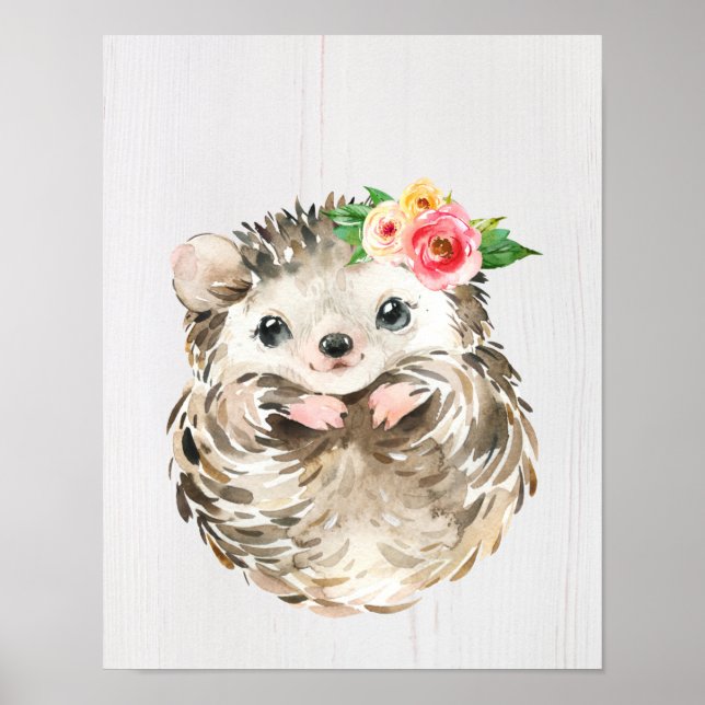 Póster Acuarela Floral Bebé Hedgehog, Woodland Animales (Frente)
