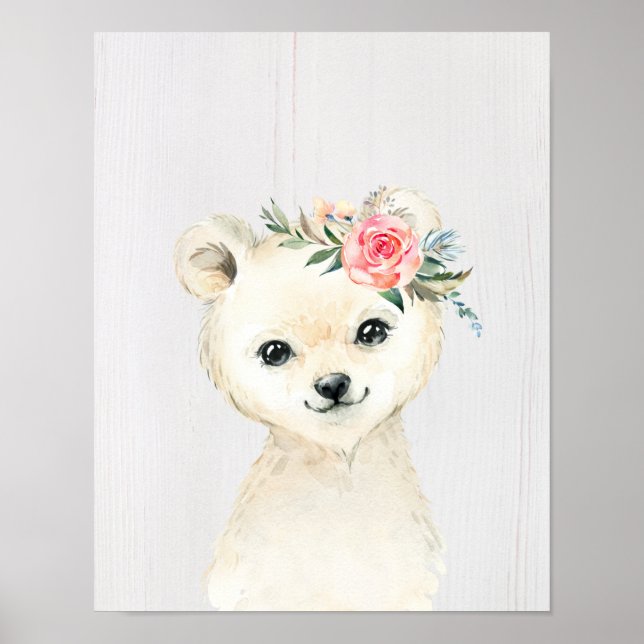 Póster Acuarela Floral Bebé Polar Oso Animales nevados (Frente)