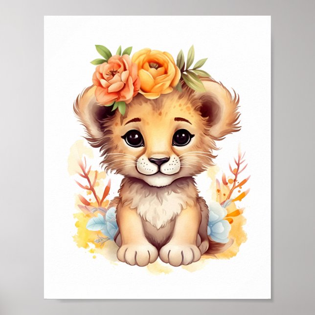 Póster Acuarela Floral Crown León Cubo Niños Nursera (Frente)