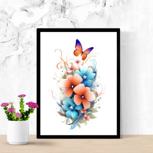 Póster Acuarela floral flores mariposas azul naranja 