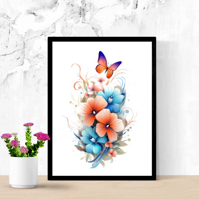 Póster Acuarela floral flores mariposas azul naranja  (Blue orange floral butterfly watercolor poster print. Printed or Instant digital download)