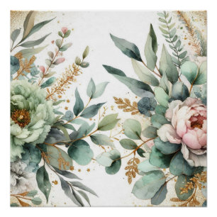 Póster Acuarela floral follaje verde acentos dorados rosa