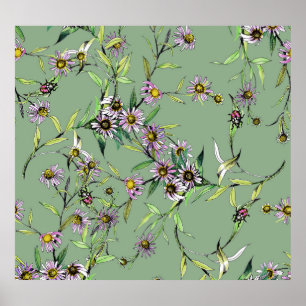 Póster Acuarela floral: patrón verde sin foco