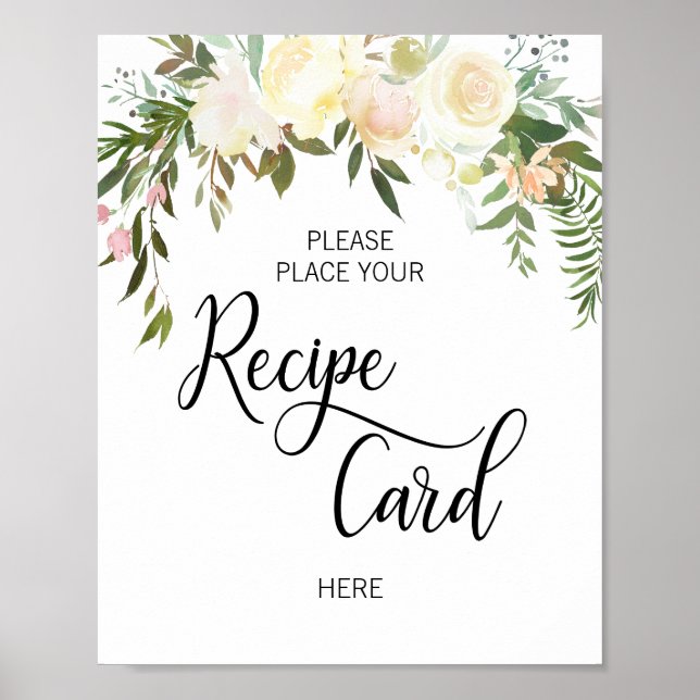Póster Acuarela Floral Pink Bridal Shower RECIPE RÓTULO (Frente)
