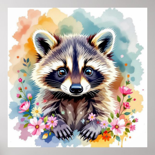 Póster Acuarela floral Raccoon (Frente)