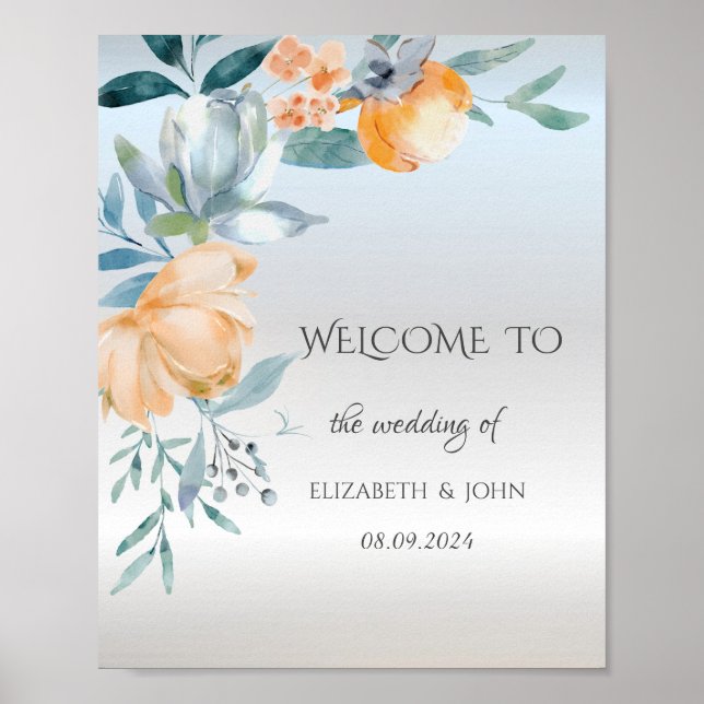 Póster Acuarela Flores Azul Polvo Boda de Plata (Frente)
