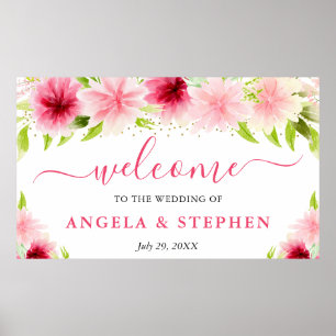 Póster Acuarela Flores de Verano Rosadas Boda Bienvenida