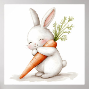 Póster Acuarela Fluffy Bunny Carrot Love