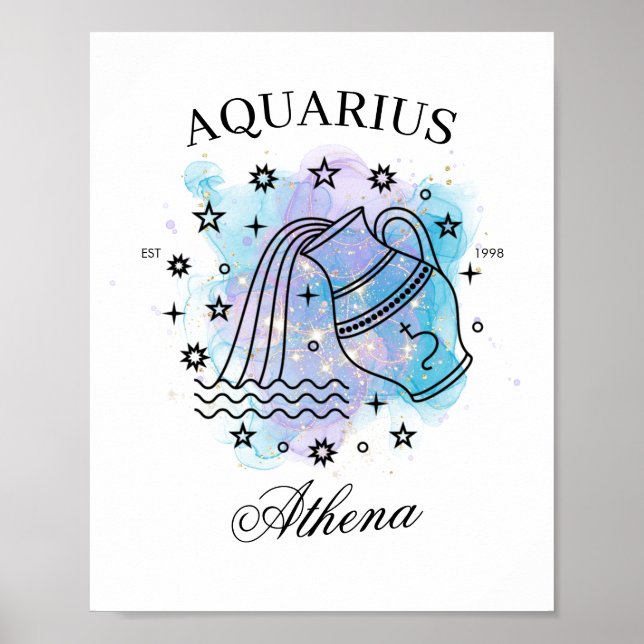 Póster Acuarela Galaxy Rótulo Aquarius Zodiac (Frente)