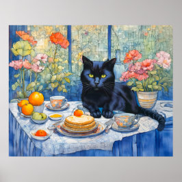Póster Acuarela Gato negro con mesa de té