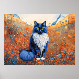 Póster Acuarela Gato negro en campo de amapola