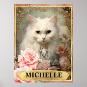 Póster Acuarela Gatos Blancos Vintage y Rosas Rosadas