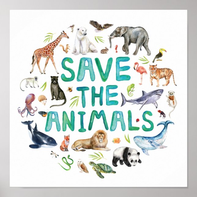 Póster Acuarela Guardar los animales (Frente)