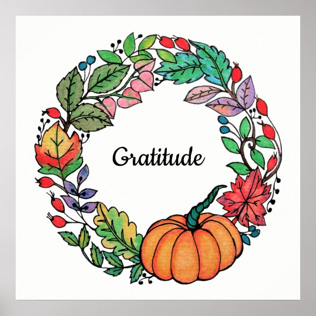 Póster Acuarela Hermosa guirnalda de calabaza con hojas (Frente)