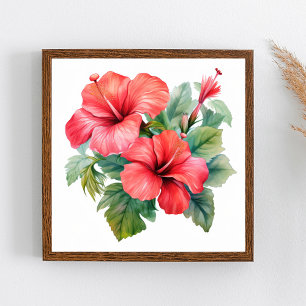 Póster Acuarela Hibisco Floral Verde Brillante Rojo