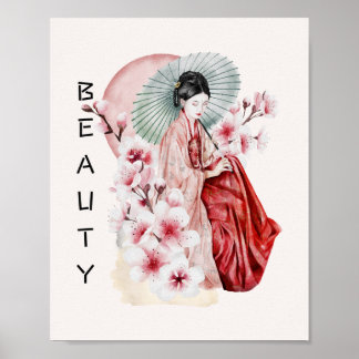 Póster Acuarela japonesa de geisha con Kimono y Sakura