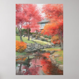 Póster Acuarela japonesa moderna de jardín de otoño
