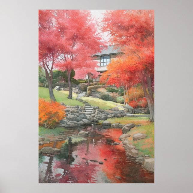 Póster Acuarela japonesa moderna de jardín de otoño (Frente)