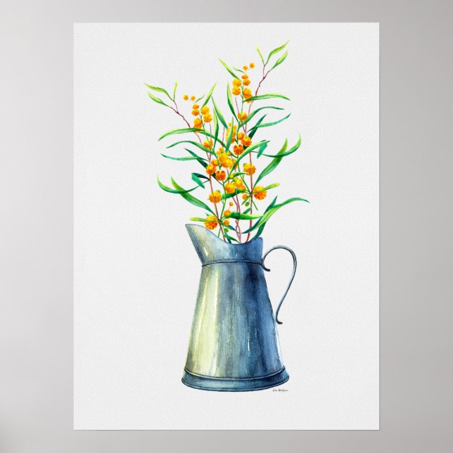 Póster Acuarela Jug amarillo azul botánico (Frente)