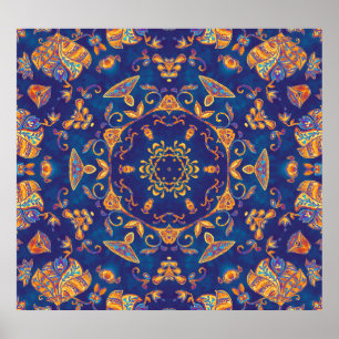 Póster Acuarela Kaleidoscope Mandala Oriental Design.