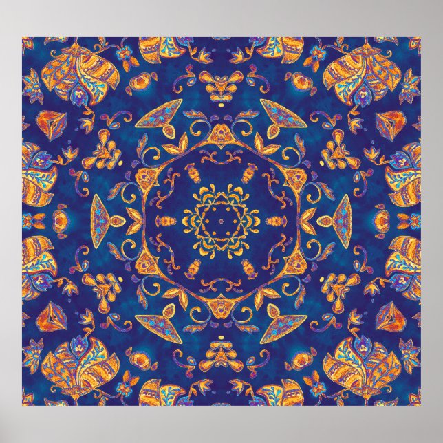Póster Acuarela Kaleidoscope Mandala Oriental Design. (Frente)