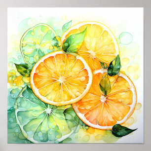 Póster Acuarela Limón Naranja Lima Botánica Cocina