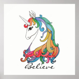 Póster Acuarela lindo arco iris unicornio