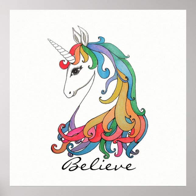 Póster Acuarela lindo arco iris unicornio (Frente)