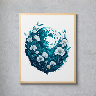 Póster Acuarela Luna Estrellas Celestiales Flores