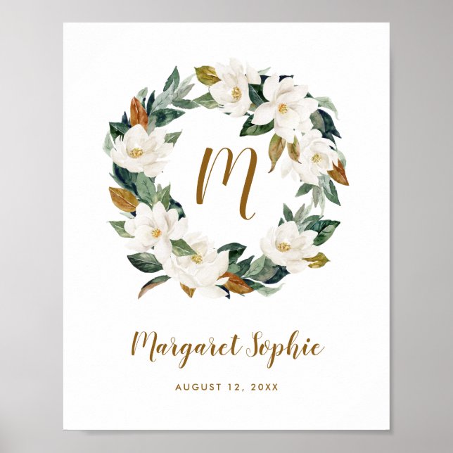 Póster Acuarela Magnolia Nursera Wreath Bebé Monograma (Frente)