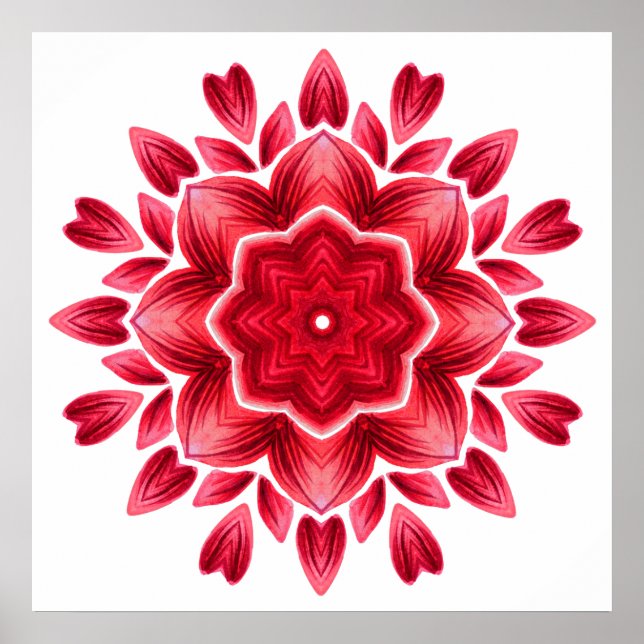 Póster Acuarela Mandala Art - Flor de Petales Rosa Rojo (Frente)