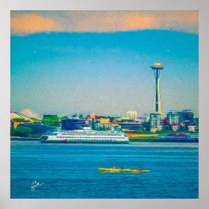 Póster Acuarela moderna del horizonte de Seattle única